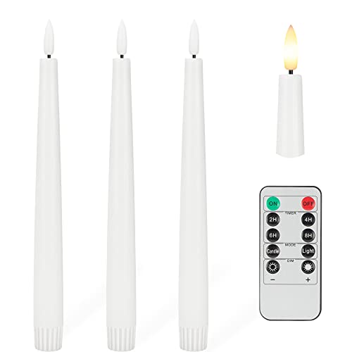 Flameless Taper Candles with 3D Wick, 9.6" Real Wax LED Candles with Remote and Timer, 3 Pack Flickering Candlesticks Battery Operated, Classic Tall Taper Candles for Home, Wedding, Party, White