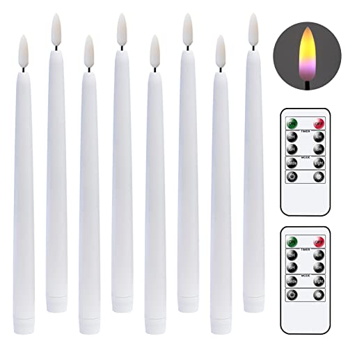 DRomance White LED Flameless Taper Candles Battery Operated with 10-Key Remote and Timer, Set of 8 Realistic 3D Wick Purple Light 11" Flameless Window Candles Christmas Decoration