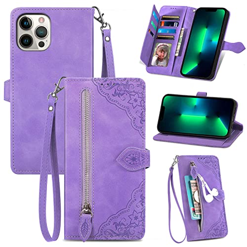 Designed for iPhone 12 Case Wallet,iPhone 12 Pro Case for Women,Embossed PU Leather Protective Cover Magnetic Wrist Strap Zipper Card Holder Flip Phone Case for iPhone 12 /iPhone 12 Pro (Purple)