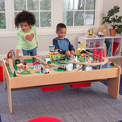 KidKraft Waterfall Mountain Wooden Train Set & Table with 120 Pieces, 3 Storage Bins, Gift for Ages 3+