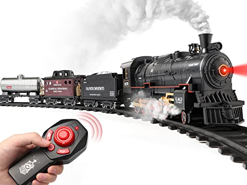 Hot Bee Train Set for Boys - Remote Control Train Toys w/Steam Locomotive, Cargo Cars & Tracks,Trains w/Realistic Smoke,Sounds & Lights,Christmas Train Toys for 3 4 5 6 7+ Years Old Kids