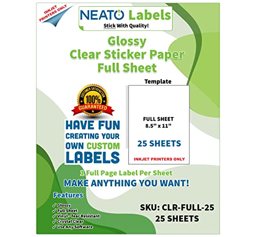 Clear Sticker Paper - Vinyl Full Sheet Label - Weatherproof - for Inkjet Printers - 10 Premium 8.5 x 11 Inch Crystal Clear Printable Sticker Paper - Tear Resistant- Strong Adhesive