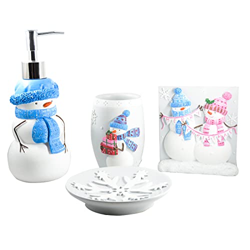 YangShiMoeed Christmas Bathroom Accessories Snowman Bath Set with Soap Dispenser,Toothbrush Holder, Bath Tumbler and Snow Soap Tray White