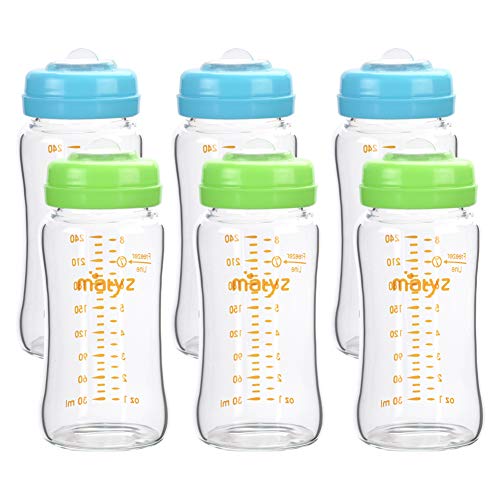 Matyz Glass Breastmilk Storage Bottles, 6 Pack, 8 oz, Compatible with Spectra Medela Pump - Store, Freeze, Warm Up Milk Well - Large Breastmilk Storage Containers - BPA Free (3 Green & 3 Blue Lids)