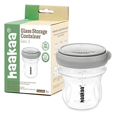 haakaa Breastmilk Storage Container Glass Baby Food Jar- Baby Food Storage Containers Leakproof Lid, Gen.3 Baby Bottle, Microwave and Freezer-Friendly,BPA-Free(Grey, 4.2oz/120ml, 1 pc)