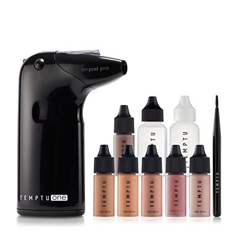 TEMPTU One Airbrush Make-up Kit for Complexion Perfection with Cordless Compressor, Medium: 11-Piece Set, Portable Air Brush Machine, 3 Shades of Foundation, Blush, Bronzer, Instant Concealer