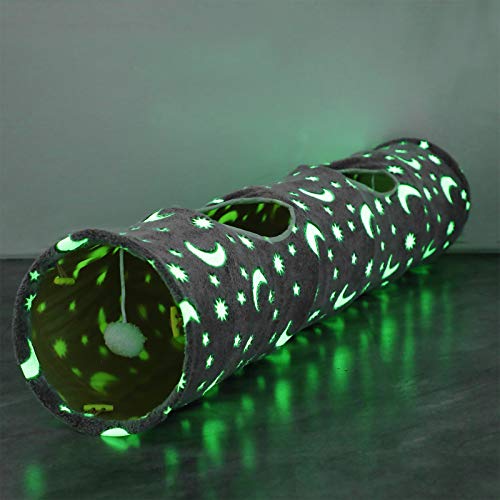 LUCKITTY Cat Tunnel Tube with Plush Ball Toys Collapsible Self-Luminous Photoluminescence, for Small Animals Pets Bunny Rabbits, Kittens, Ferrets,Puppy and Dogs Grey Moon Star