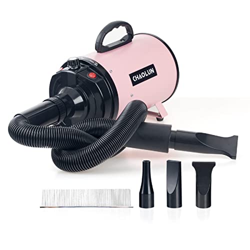 CHAOLUN Dog Dryer, Dog Blow Dryer, High Velocity Professional Pet Grooming Dryer, Dog Hair Dryer with Heater, Stepless Adjustable Speed, 3 Different Nozzles and a Comb, Pink