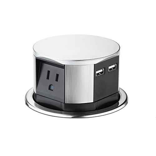Link 2 Home Space Saver Pop Up Outlet with USB, 3 Power Outlets 15A, 2 USB Ports 2.4A Fast Charge, Splash Resistant, Stainless-Steel Finish, for Kitchen Counter Island, Office Table and Workshop