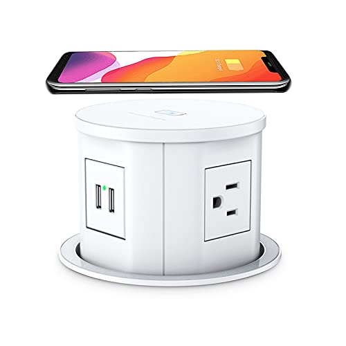 ANNQUAN Automatic Pop Up Countertop Outlet with 15W Wireless Charger,4 Outlets,2 USB Ports,4.75" Pop Up Electrical Outlet,Home Office Power Supply,Suit Kitchen Island RV Office Conference Table