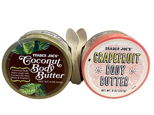 Trader Joe's Coconut Body Butter and Trader Joe's Grapefruit Body Butter Bundle of Luxurious Body Butters (2 Pack) with 2 Birchwood Dispensing Spoons