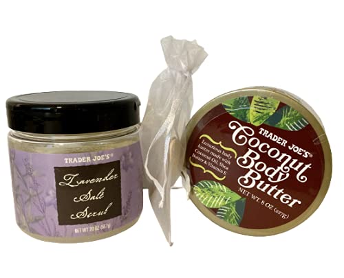 Trader Joe's Lavender Salt Scrub (20 oz) and Coconut Body Butter (8 oz) Duo Gift Set Including Two Birchwood Compostable Concave Spoons