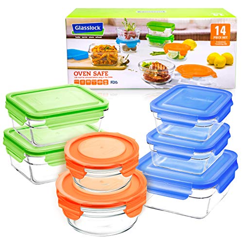 Glasslock 14pc Set Assorted Color Lids Airtight Spill Proof Food Storage Containers Microwave & Oven Safe