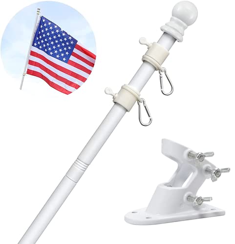 White Flag Pole for House with Holder Bracket,5-6ft Tangle Free Flag Poles for Outside House,Heavy Duty House Flag Pole Kit for 3x5 American Flags, Metal Flagpoles Residential for Outdoor Porch Garage