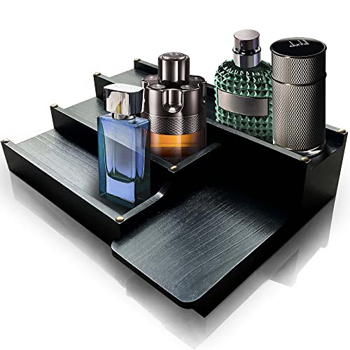 ALCEDIA Cologne Organizer for Men - 4 Tiered Solid Wood Cologne Stand Display Shelf with Hidden Compartment. Perfume Organizer, Spice Rack and Funko Pop Shelves.