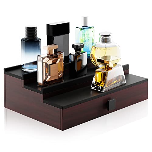 HOTCAN Wooden Cologne Stand Organizer for Men - 3 Tier Perfume Organizer with Drawer and Hidden Compartment - Perfect for Organizing and Storing Colognes and Accessories - A Great Gift for Men