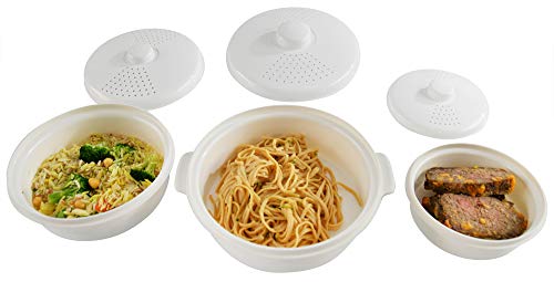 HOME-X Microwave Multi-Purpose Bowls w Lids Set, Cooking Steaming Draining Kitchen Accessories, Covered Bowls, BPA Free, Dishwasher Safe, Set of 3 Bowls with Lids, Assorted Sizes, White