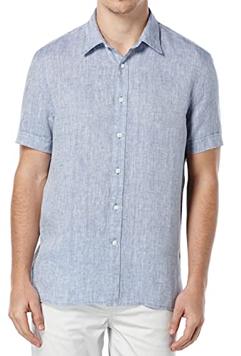 Perry Ellis Men's Short Sleeve Solid Linen Shirt, Colony Blue-4csw7062, Small