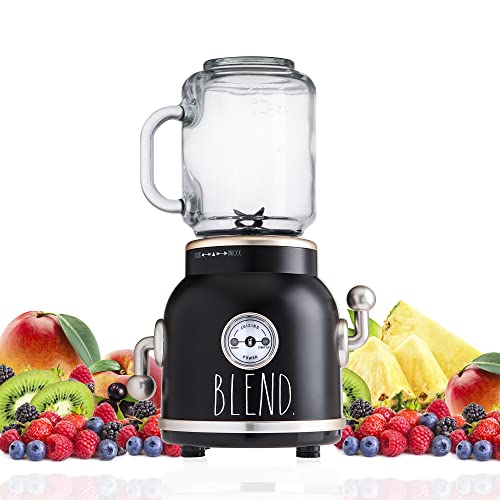 Rae Dunn Smoothie Blender- One Touch Blender with 20 oz Mason Jar Container includes Reusable Straw and Lid, Shake and Smoothie Maker, Juice Blender with 6 Blades (Black and Gold)
