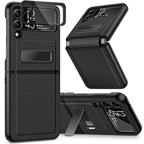 Caka Compatible for Galaxy Z Flip 3 5G Kickstand Case, Z Flip 3 Case with Camera Protector Hinge Protection Wireless Charging Compatible Cover Case for Samsung Galaxy Z Flip 3 (Carbon Fiber Black)