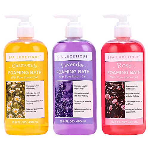Bubble Bath, Spa Luxetique Foaming Bath with Pure Epsom Salt, Chamomile Rose and Lavender Scent Bath Set, Mother's Day Gifts for Women Gift Set for Men 3 Pack 49.8 fl oz Gifts for Mom