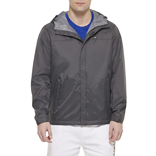 Tommy Hilfiger Men's Lightweight Breathable Waterproof Hooded Jacket, Charcoal, Large