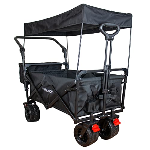 SKYMANOR Collapsible Wagon Folding Garden Cart with Removable Canopy Utility Wagon Cart with All-Terrain Wheels Brake Beach Cart for Sand Heavy Duty Beach Wagon for Camping Shopping (Black)