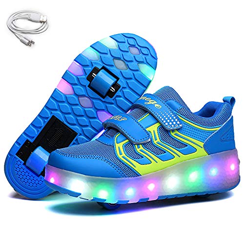 Ehauuo Kids Two Wheels Shoes with Lights Rechargeable Roller Skates Shoes Retractable Wheels Shoes LED Flashing Sneakers for Unisex Girls Boys Gift(4 M US Big Kid, C-Blue)