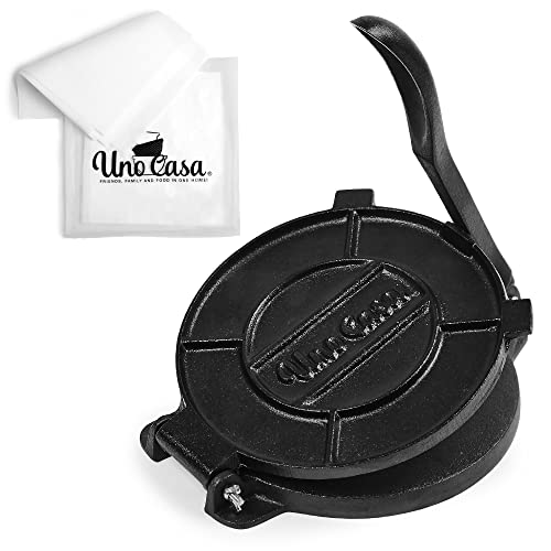 Uno Casa Cast Iron Tortilla Press - 8 Inch Tortilla Maker, Pre-Seasoned Roti Maker with 100 Pcs Parchment Paper, Heavy Duty Quesadilla Maker - Pataconera for Flour Tortilla, Tawa