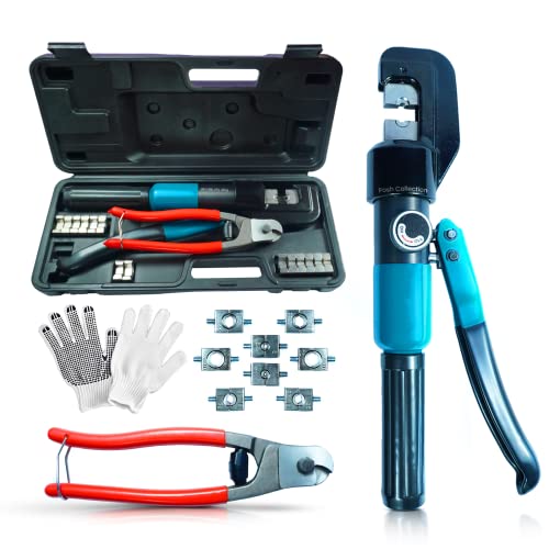 Posh Collection Hydraulic Crimping Tool Set 8T - Complete Cable Crimper Kit with 9 Dies 2/0 AWG to 12 AWG, Cable Cutter, and Gloves for Efficient Electrical Wire Swaging and Terminal Connections