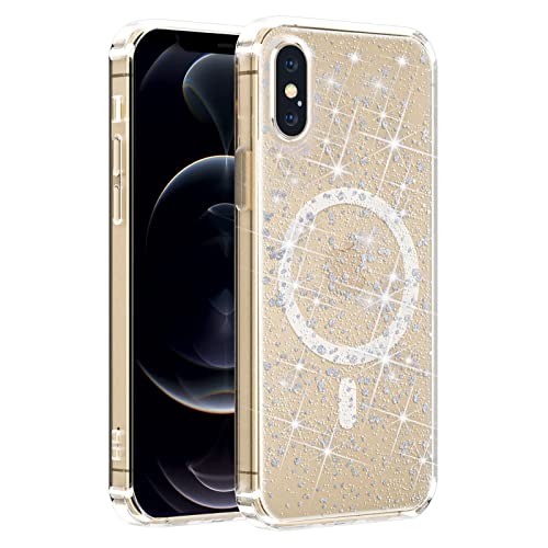 KMERUOTR Magnetic Case Compatible with iPhone X/XS Case Clear Glitter - Compatible with MagSafe Charger Phone Case for Women Girls, Full-Body Shockproof Protective Case Cover for iPhone X/XS 5.8 Inch