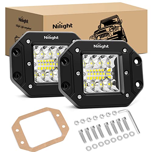 Nilight 2PCS 42W Flush Mount LED Light Pods Upgraded Spot Flood Combo Beam Driving Light LED Work Light Backup Light Reverse Light Grill Mount Light for Offroad 4x4 Truck SUV Jeep, 2 Years Warranty