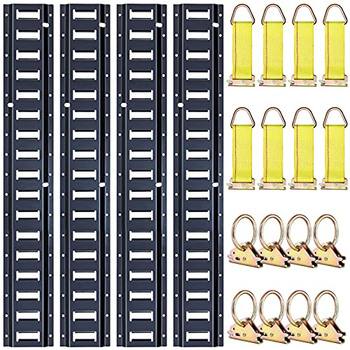 Trekassy 8ft Horizontal E-Track Tie-Down Rail Kit with 8 Steel O-Ring Anchors and 8 Rope Tie Offs for Truck Bed, Trailers