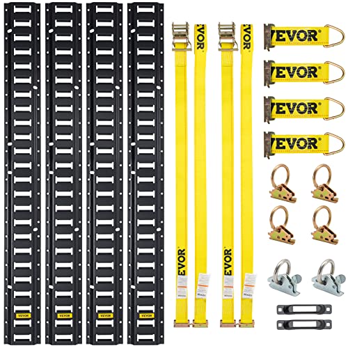 VEVOR E-Track Tie-Down Rail Kit, 5' E Tracks Set, 18Pcs Includes 4 Steel Rails & 2 Single Slots & 6 O-Rings & 4 Tie-Offs w/ D-Ring & 2 Ratchet Straps, Cargo Motorcycles Bikes Securing Accessories