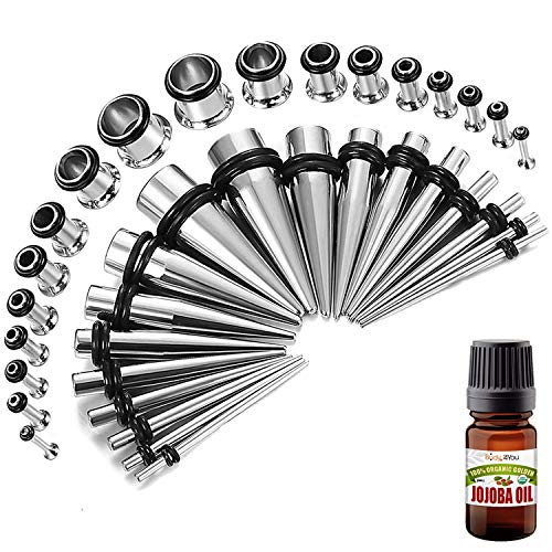 BodyJ4You 37PC Ear Stretching Gauges Kit 14G-00G - Aftercare Jojoba Oil - Surgical Steel Tapers Single Flare Plugs Tunnels - Stretchers Expanders Eyelets