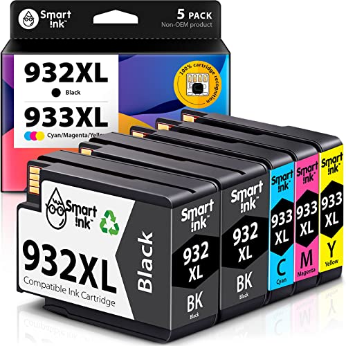 Smart Ink Compatible Ink Cartridge Replacement for HP 932XL 933XL 932 XL 933 (5 Pack Combo) to use with HP Officejet 6600 6100 6700 7510 7610 7612 7510 Printers (2 Black XL, Cyan, Magenta, Yellow)