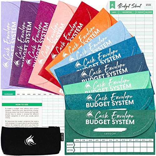 Clever Fox Cash Envelopes for Budget System  Money Envelopes for Budgeting and Saving, Tear and Water Resistant, Includes Carry Pouch & 12 Expense Tracking Budget Sheets, 12 pack - Assorted Colors