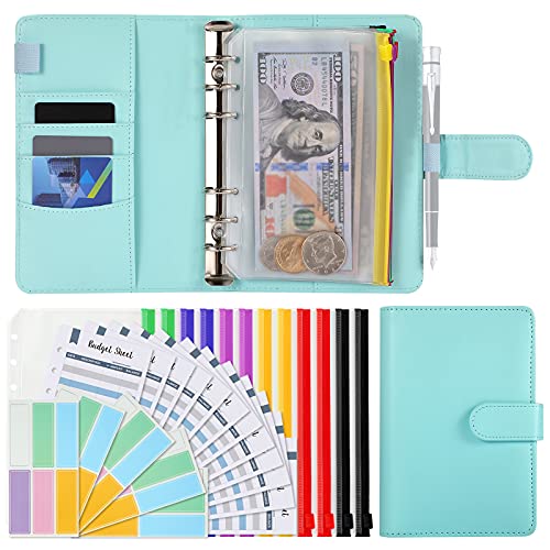 Budget Binder Organizer, A6 Cash System Planner for Money Receipts Budgeting,PU Leather Notebook,12 PCS Clear Cash Envelope ,12 Expense Tracker Budget Sheets and 30 Colorful Labels(Mint Green, A6)