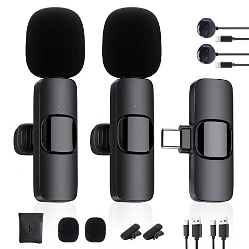 Wireless Lavalier Microphone for Type-C Port, IUMAKEVP Plug and Play Lapel Clip-on Mini Mic with Auto Sync and Noise Reduction for Video Recording, TikTok Live Steam, YouTube, Vlog, Interview (2 Mics)