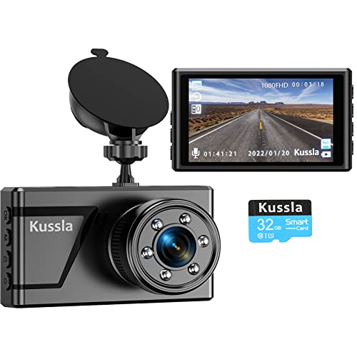 Dash Cam with 32GB SD Card, Kussla 1920P Dash Camera for Cars, Super Night Vision Car Camera, 170 Wide Angle Dashcam, 3'' IPS Screen, Loop Recording, WDR, G-Sensor, Parking Monitor, Motion Detection