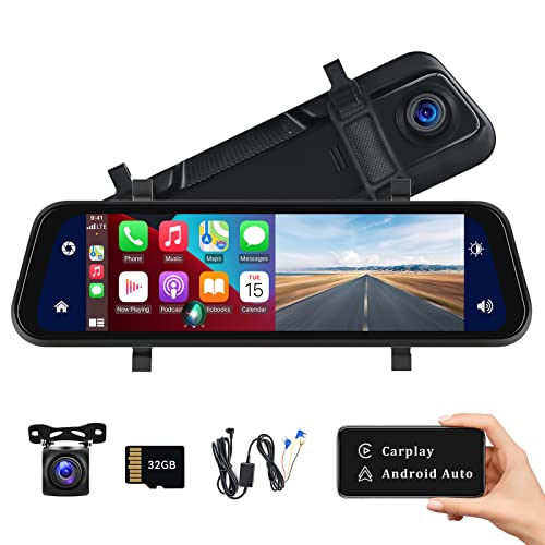 Mirror Dash Cam Compatible with Apple Carplay&Android Auto,9.66" Voice Control Rear View Mirror 1080P Front and Rear View Dual Cameras,Night Vision, Parking Assistance/Monitoring, Free 32GB Card