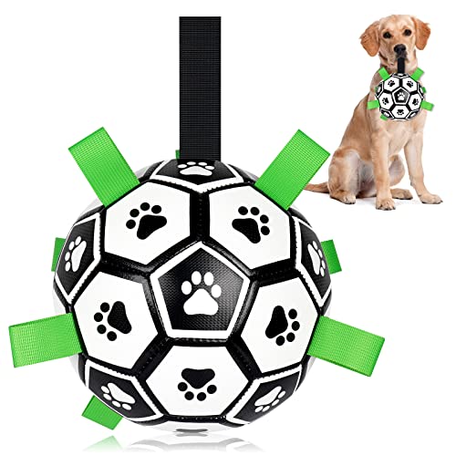 Dog Toys Soccer Ball with Straps, World Cup Interactive Dogs Toys for Tug of War, Yard Game Toy, Dog Water Toy for Small & Medium Dogs Puppy Birthday Gifts Outdoor Jolly Ball Boredom Buster