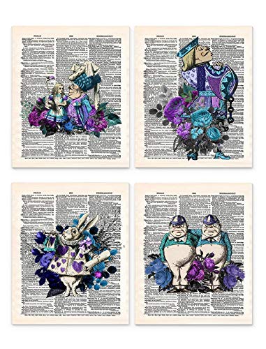 Alice in Wonderland Wall Art, 8x10 Set of 4 Un Framed Decor Prints in Blue Tones. Upcycled Vintage Style Dictionary Page. Ideal for Book Lovers, English Teachers, Librarians and Lewis Carroll Fans