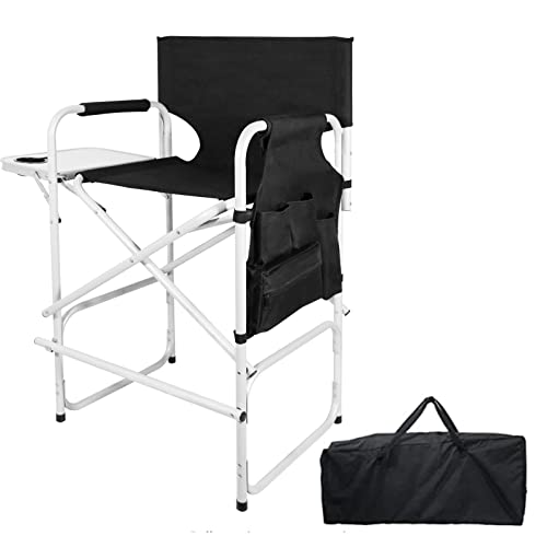 ABACAD Tall Director Chair Foldable, Portable Makeup Artist Chair Bar Height, Outdoors Folding Chair with Side Table Storage Bag Foot Rest, Black