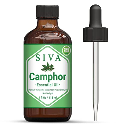 Siva Camphor Essential Oil 4 Fl Oz with Premium Glass Dropper  100% Pure, Natural, Undiluted, Premium Therapeutic Grade, Great for Skincare, Smooth Hair, Diffuser, Aromatherapy, Soap & Candle