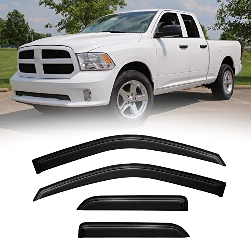 CMVT Auto Window Visors for Dodge Ram 1500 2009-2017, Rain Guards Vent Shade Deflector Dark Smoke 2010 2011 2012 2013 2014 2015 2016, Only Quad Cab/Extended Cab, Tape-On, 4PCS