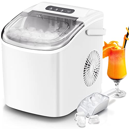 ZAFRO Countertop Ice Maker Machine, Portable Ice Makers with Handle, Mackes up to 26LBS/24H, 9 Cubes in 6 minsSelf -Cleaning Ice Maker with Ice Scoop and Ice BagWhite
