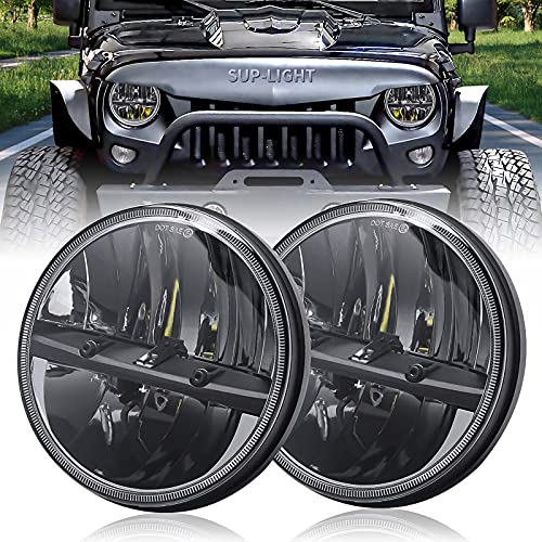 SUP-LIGHT 7 Inch Round Newest Design LED Headlight 6000K High/Low Beam for Wrangler CJ JK TJ Offroad Vehicles (Black Pair)