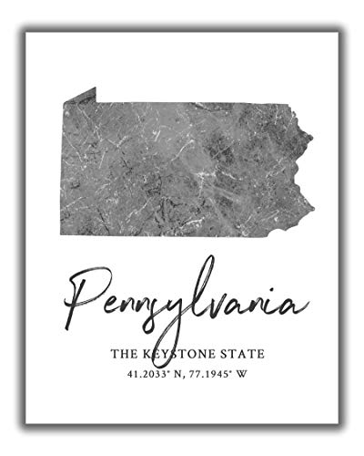 Pennsylvania State Map Wall Art Print - 8x10 Silhouette Decor Print with Coordinates. Makes a Great Keystone State-Themed Gift. Shades of Grey, Black & White.