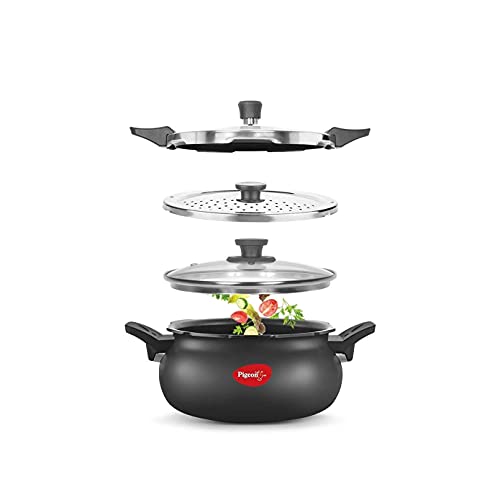 Pigeon 5.3 Quart All-In-One Super Cooker - Steamer, Cooking Pot, Pressure Cooker, Dutch Oven - For All Cooktops - Quick Cooking of Meat, Soup, Rice, Beans, Idli & more, Hard Anodized, (5 Liters)